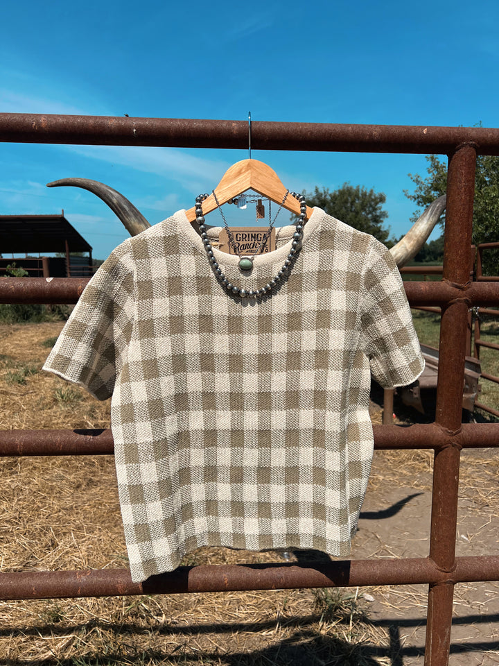 Olive Gingham Sweater