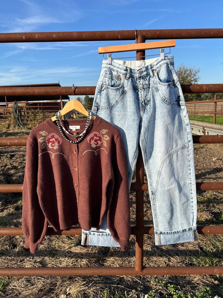 Western Floral Embroidery Cardigan-Brown