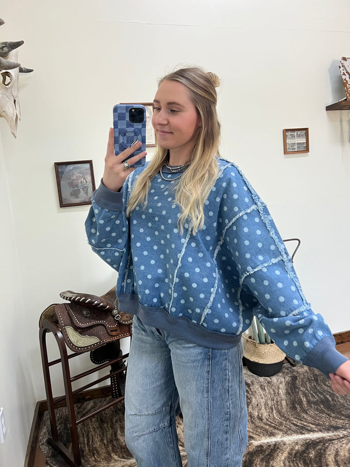 Distressed Polka Dot Denim Pullover