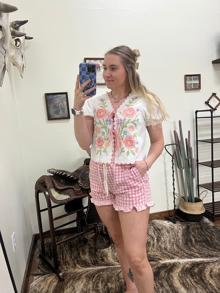 Gingham Plaid Ruffle Shorts-Pink