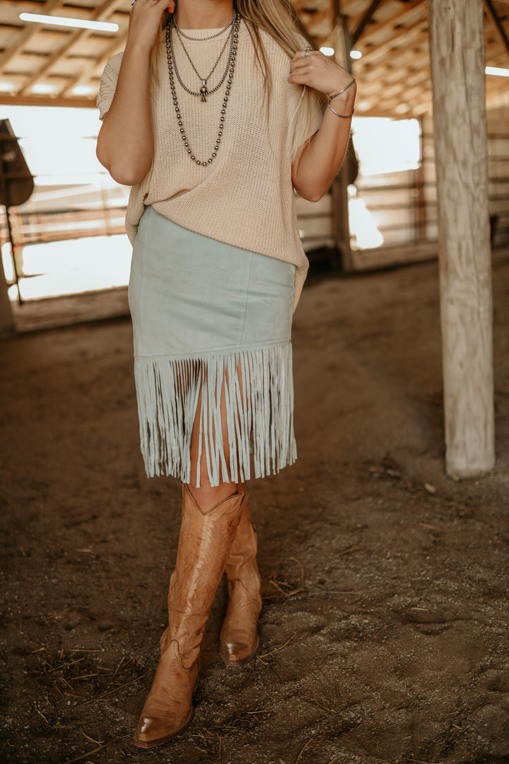 Turquoise Suede Fringe Skirt{SMALL ONLY}