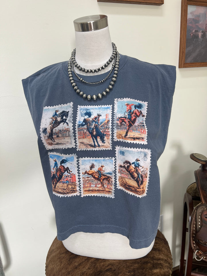 Rodeo Stamp Muscle Tank-Denim