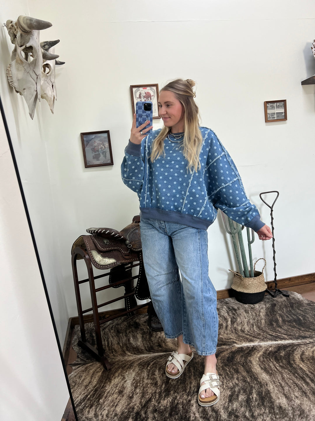 Distressed Polka Dot Denim Pullover