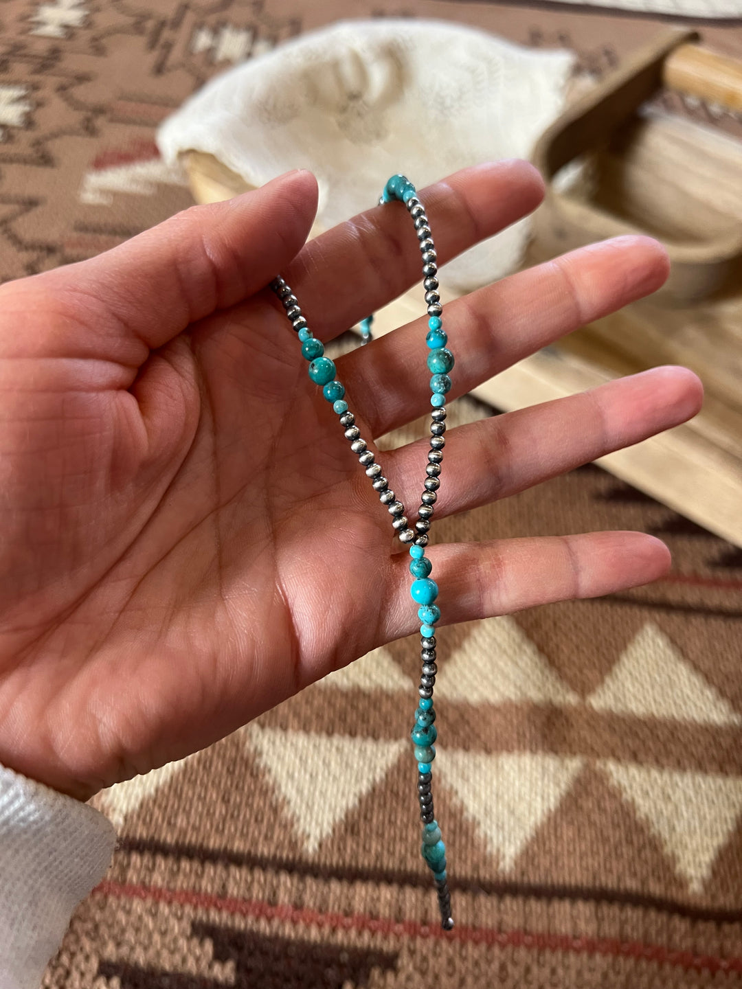 Turquoise & Sterling Silver Pearl Lariat-16”