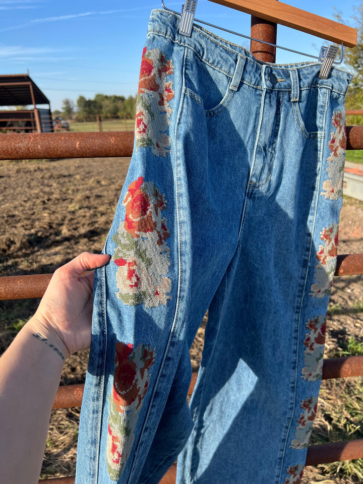 Floral Embroidery Wide Leg Jeans