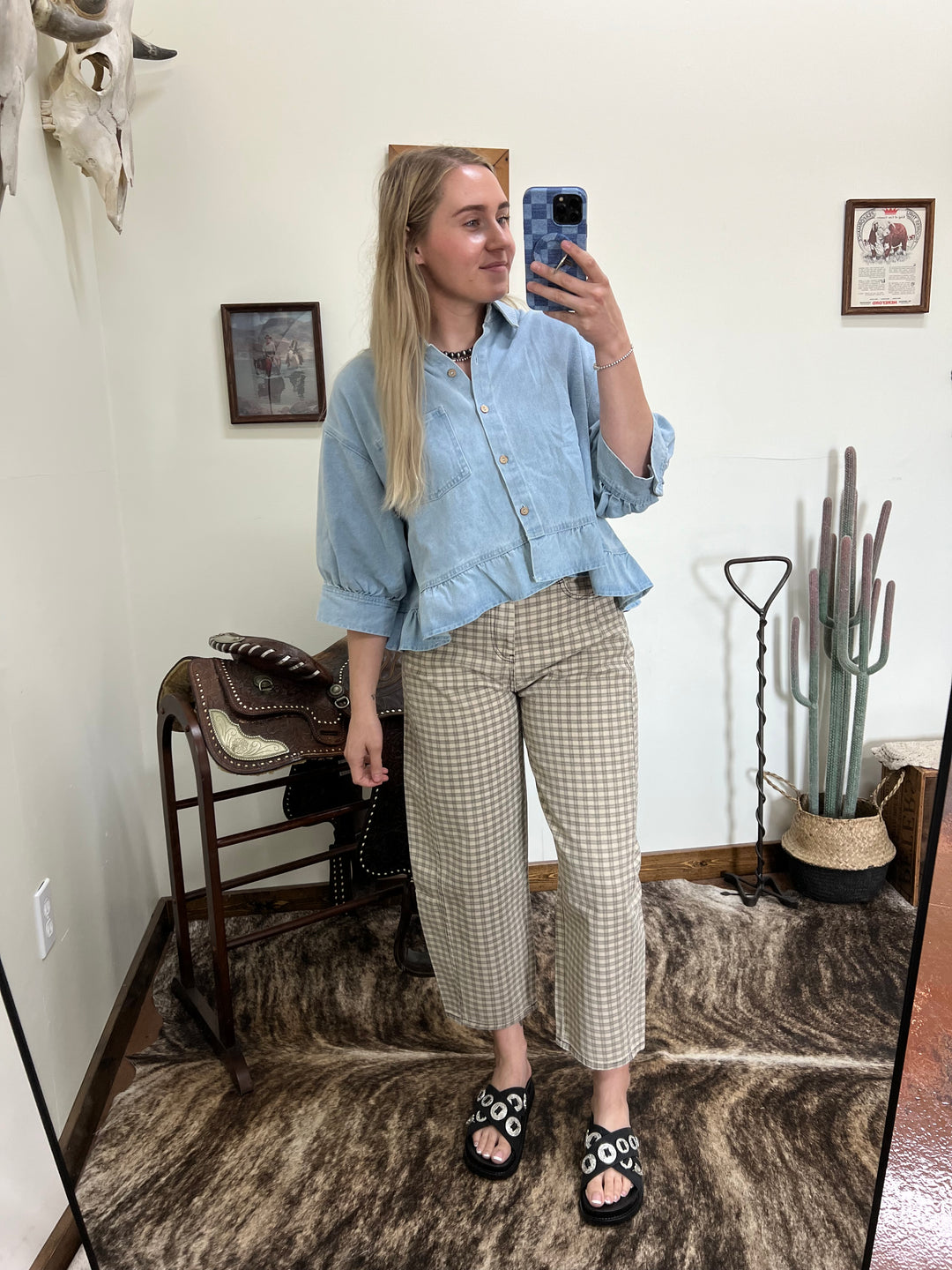 The Waylon Plaid Barrel Jeans-Tan
