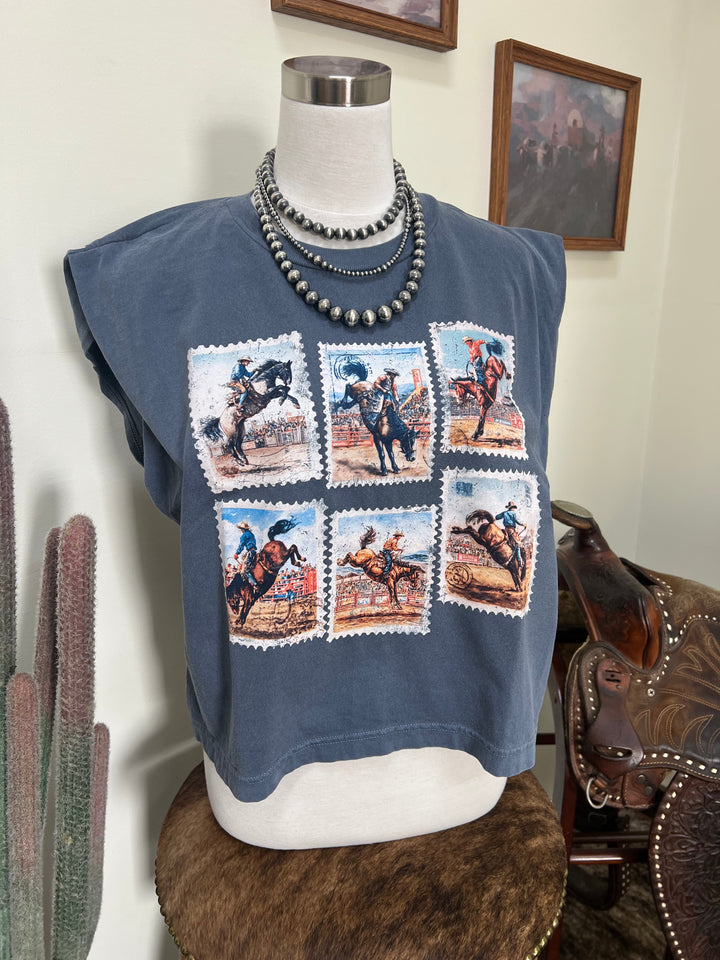 Rodeo Stamp Muscle Tank-Denim