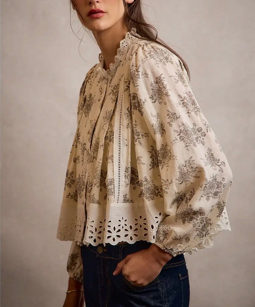 Floral Toile Eyelet Top
