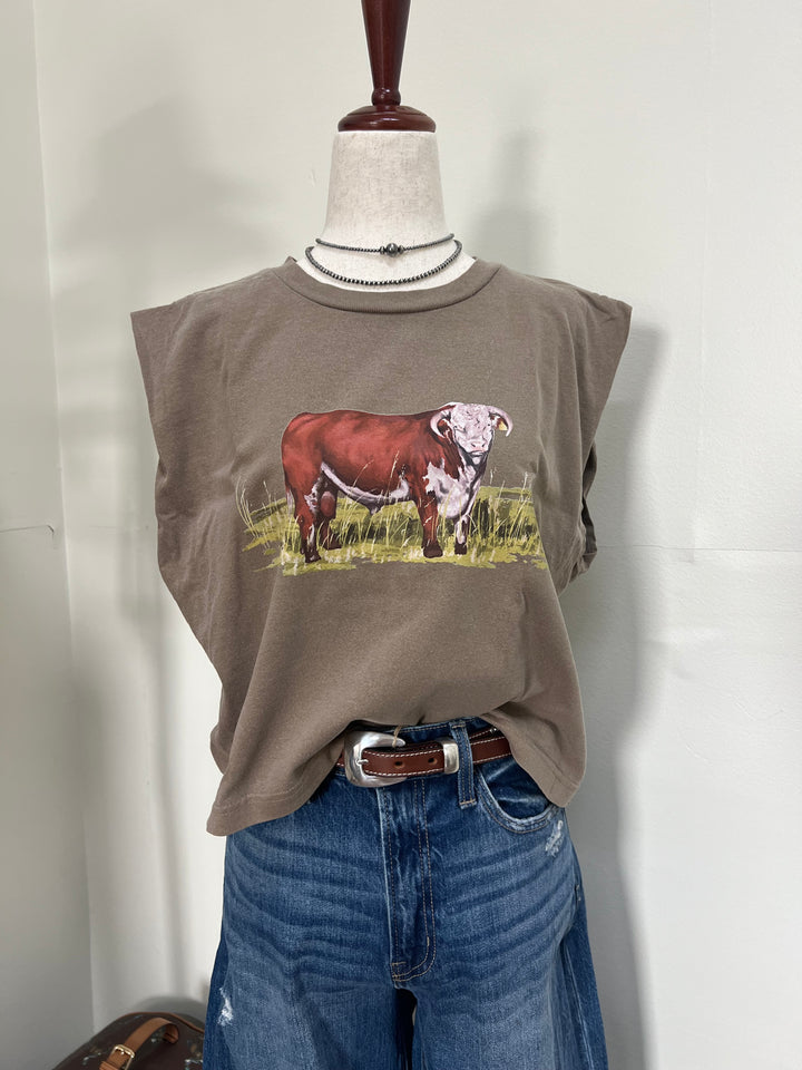 Watercolor Hereford Muscle Tank-Mocha