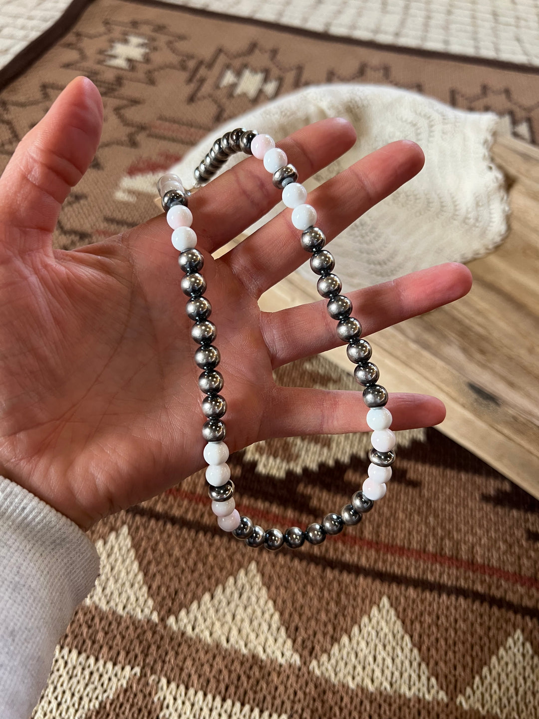 Pink Conch & 8mm Sterling Silver Pearl Necklace-19”