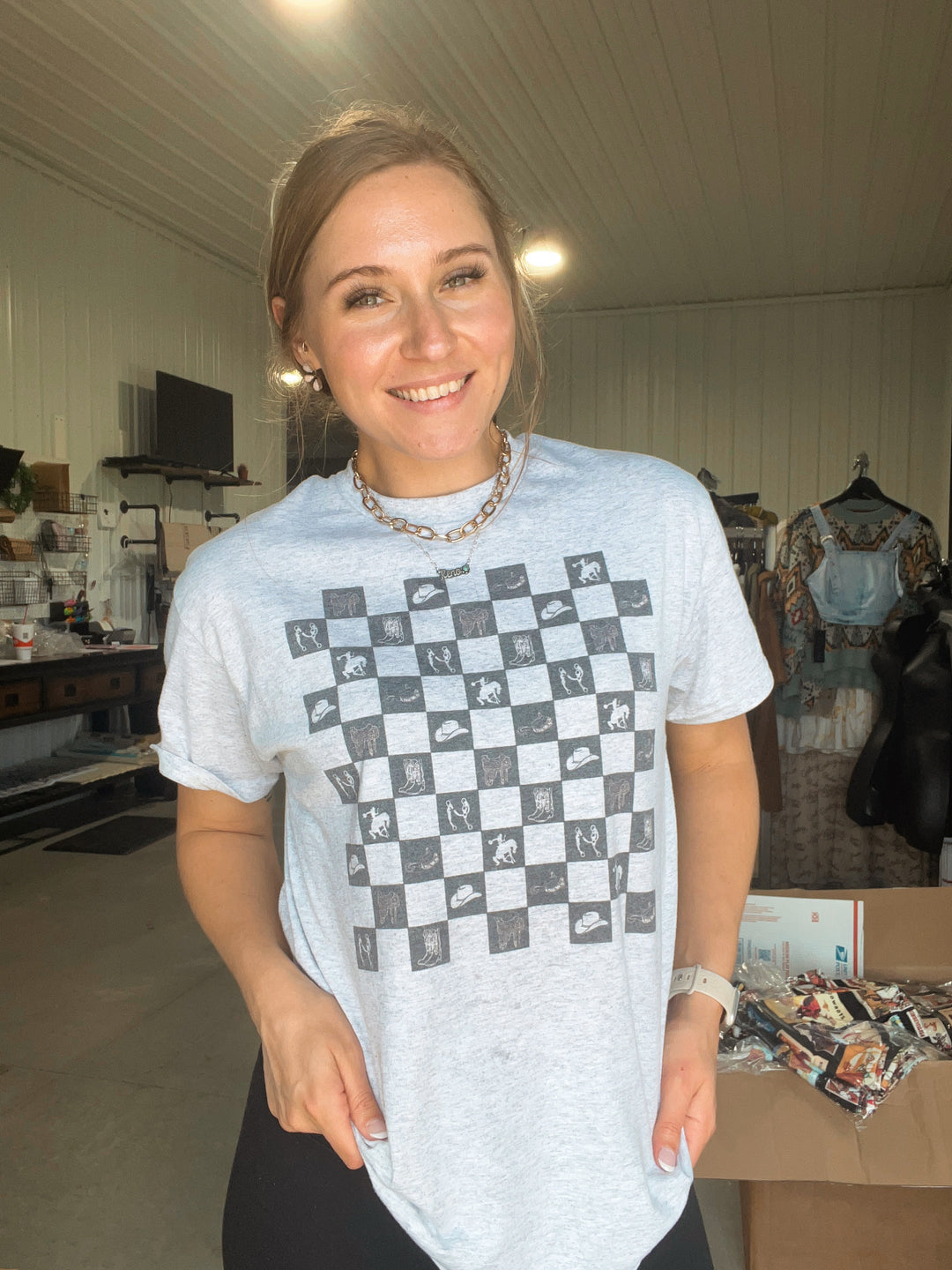 Western Checker T-Shirt-Ash