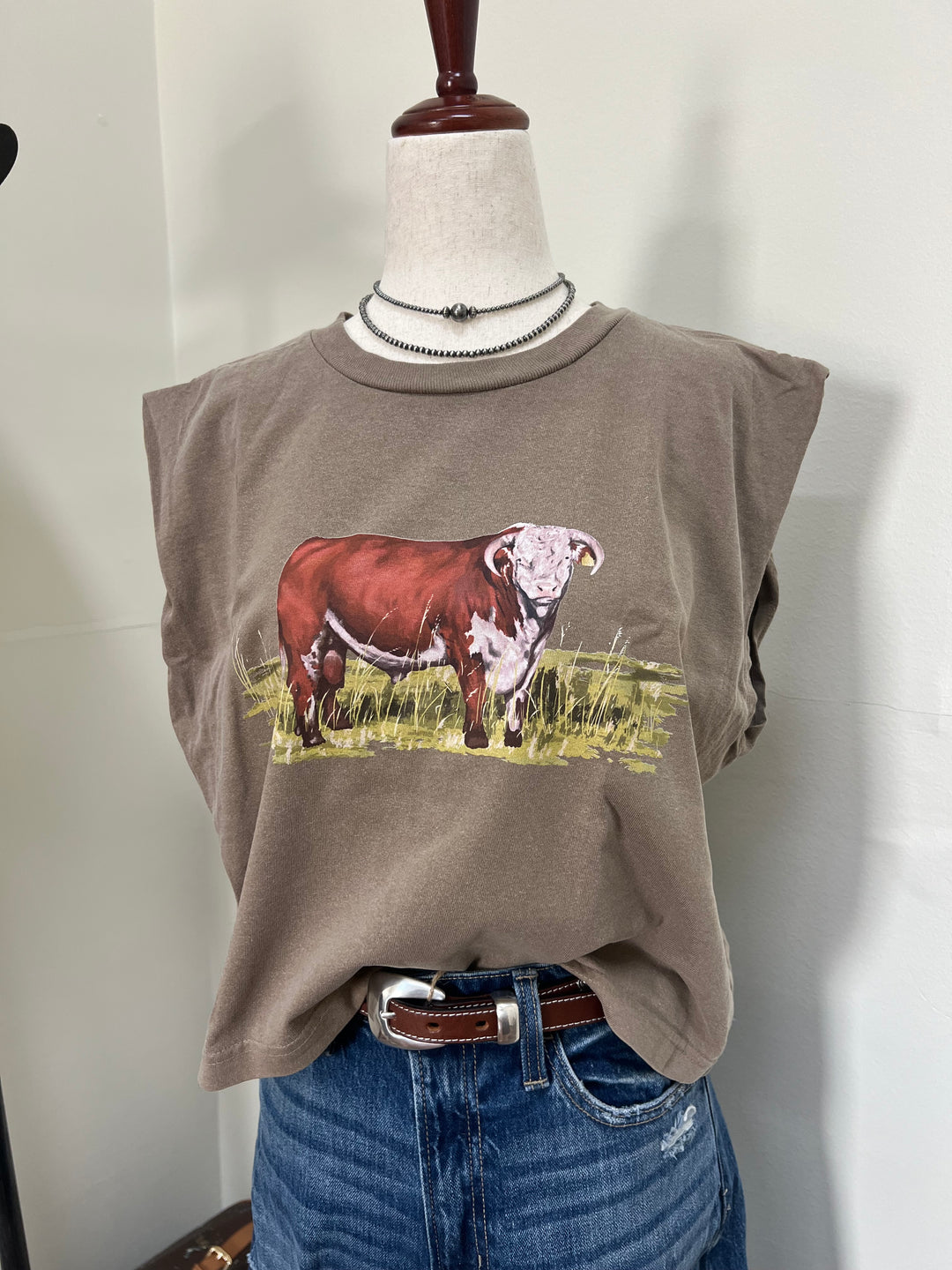 Watercolor Hereford Muscle Tank-Mocha