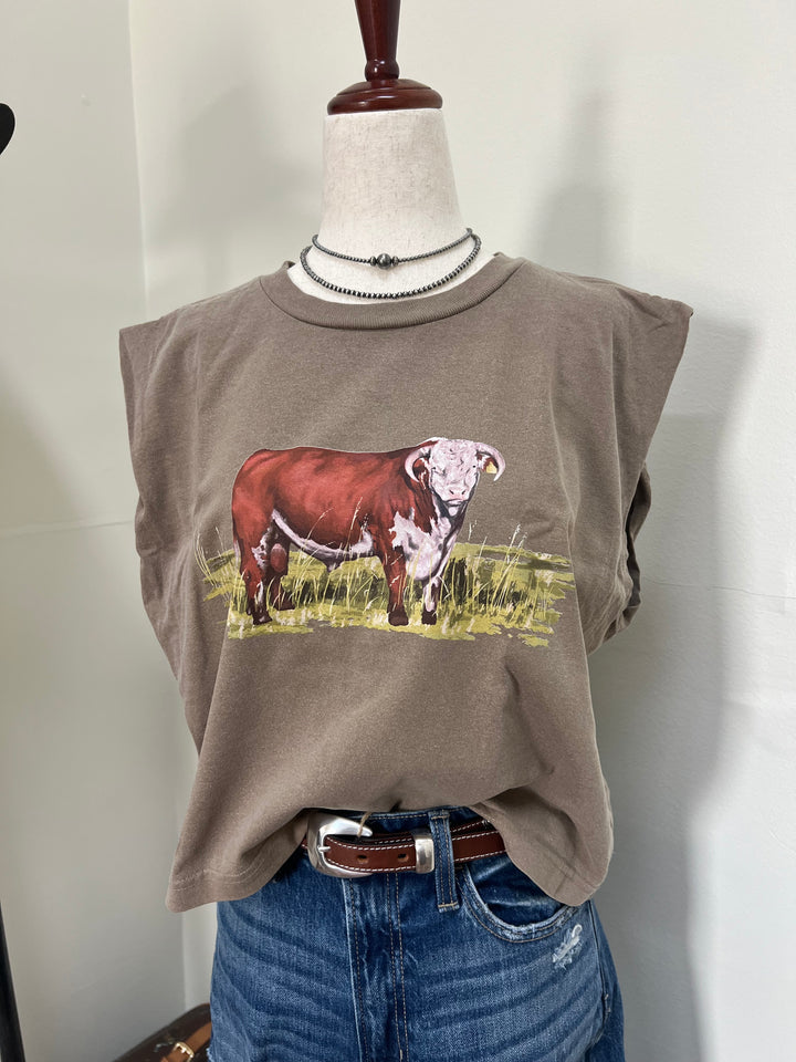 Watercolor Hereford Muscle Tank-Mocha