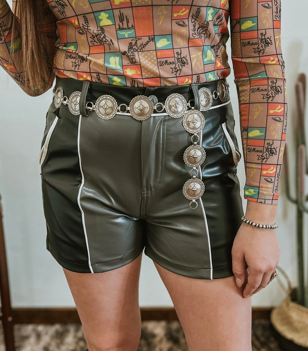 Camino Cowboys Leather Shorts-Black