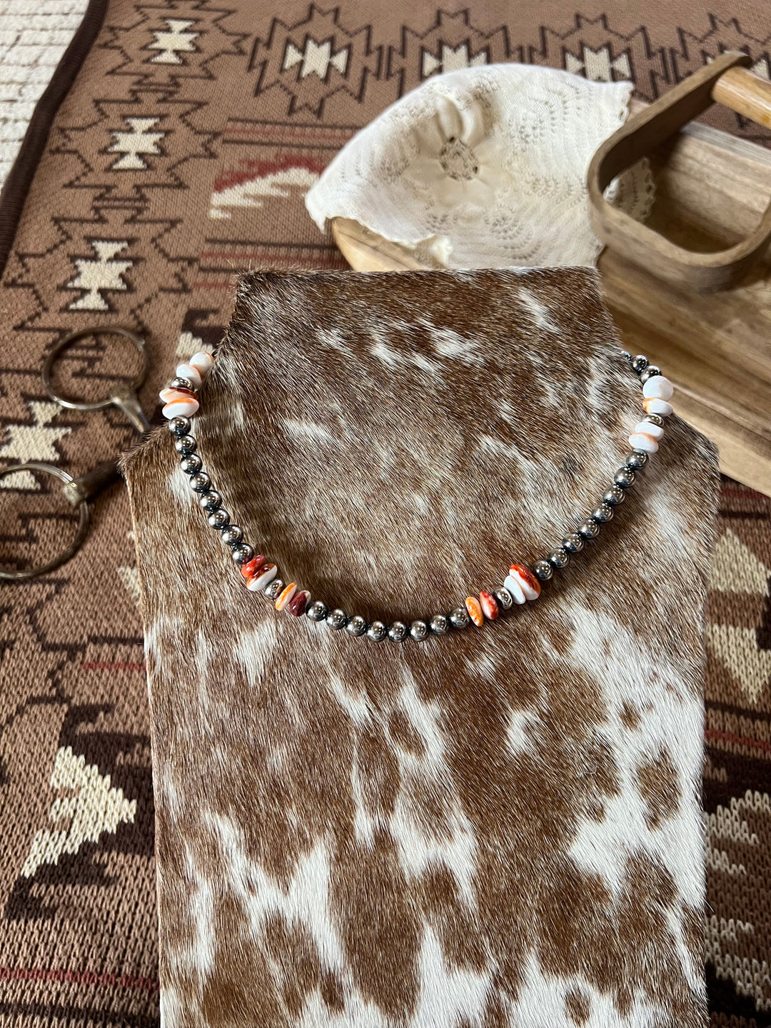 Spiny Oyster & 8mm Pearl Necklace-17.5”