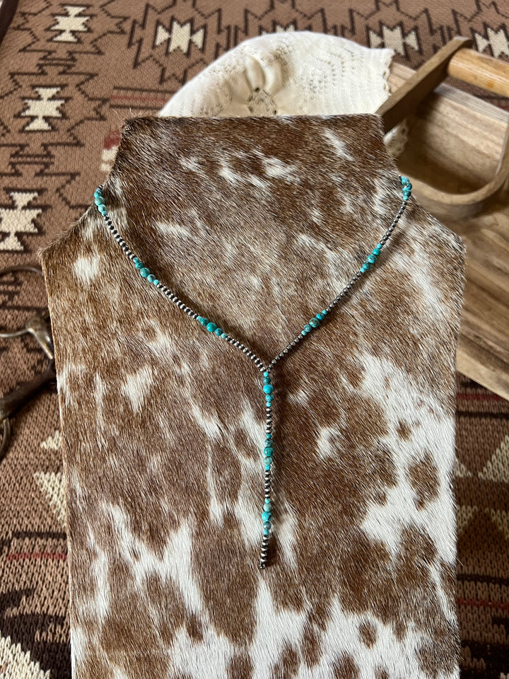 Turquoise & Sterling Silver Pearl Lariat-16”