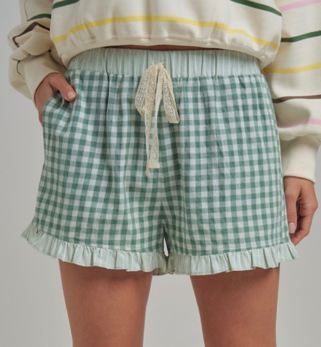 Gingham Plaid Ruffle Shorts-Sage