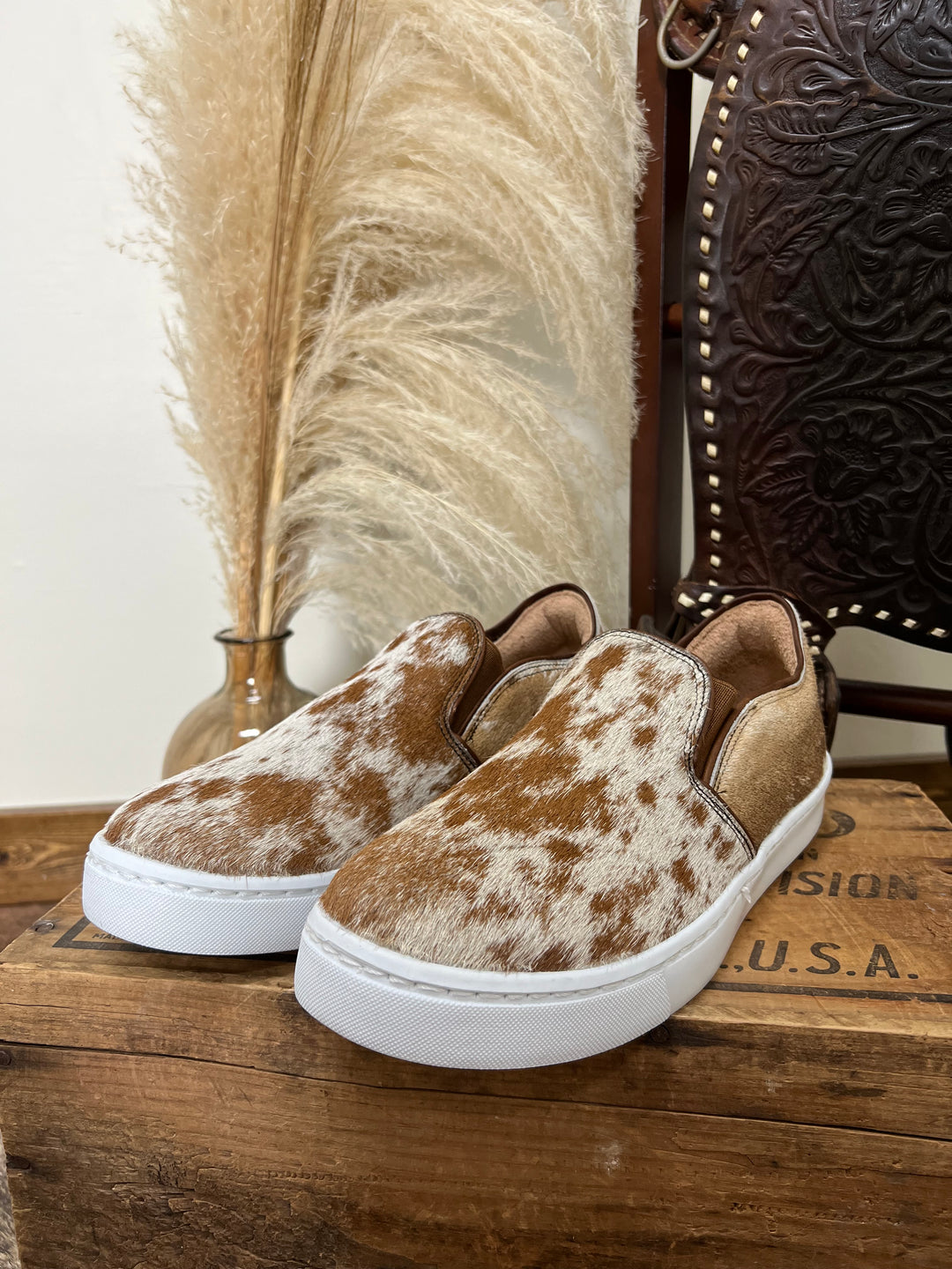 Utah Cowhide Slip Ons- Red Chocolate