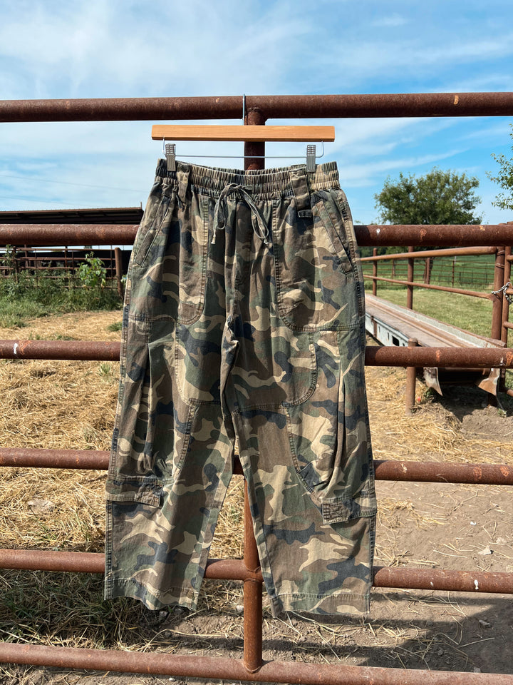 Camo Denim Washed Barrel Pants