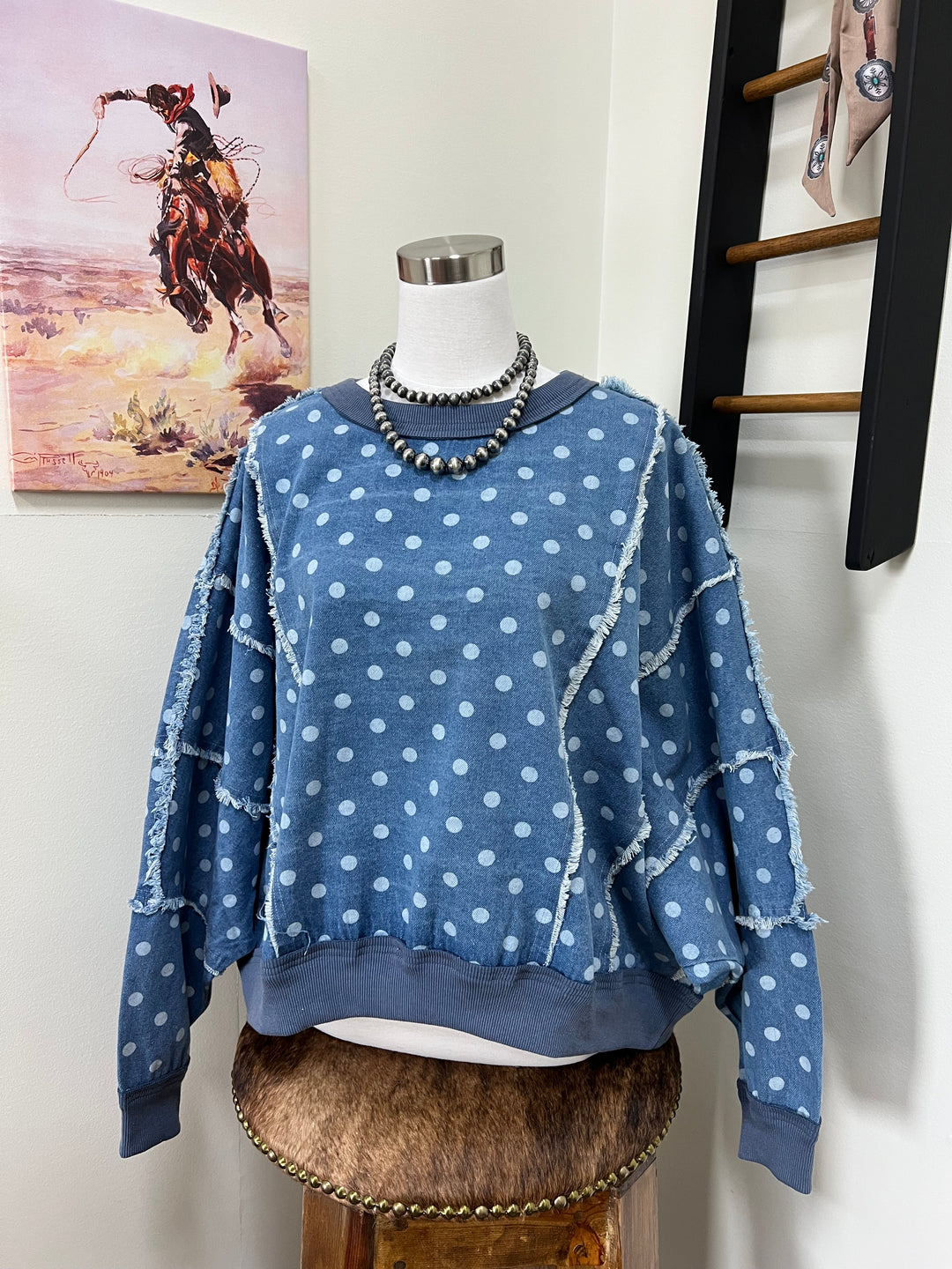 Distressed Polka Dot Denim Pullover