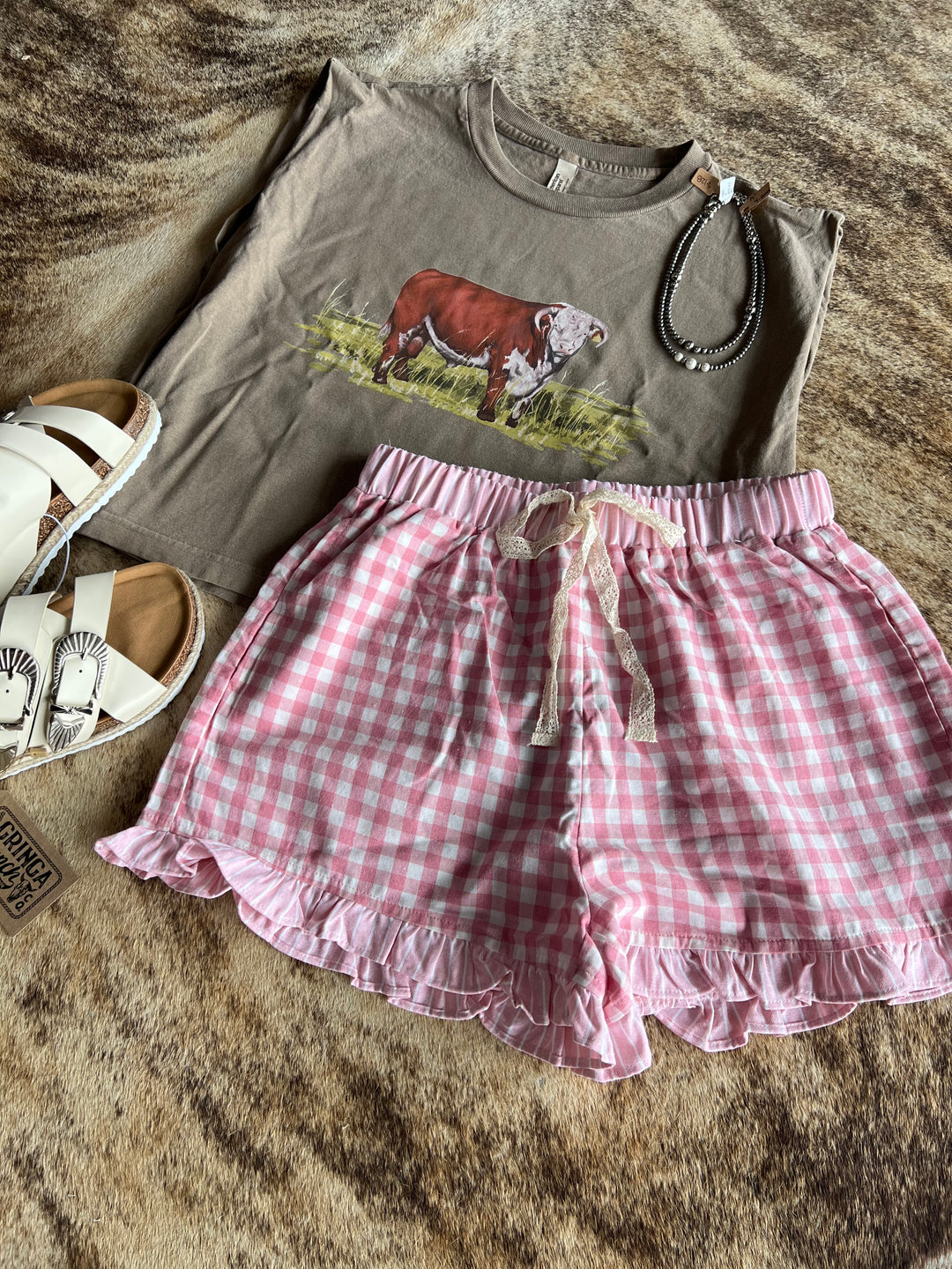 Gingham Plaid Ruffle Shorts-Pink