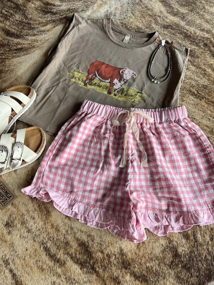 Gingham Plaid Ruffle Shorts-Pink