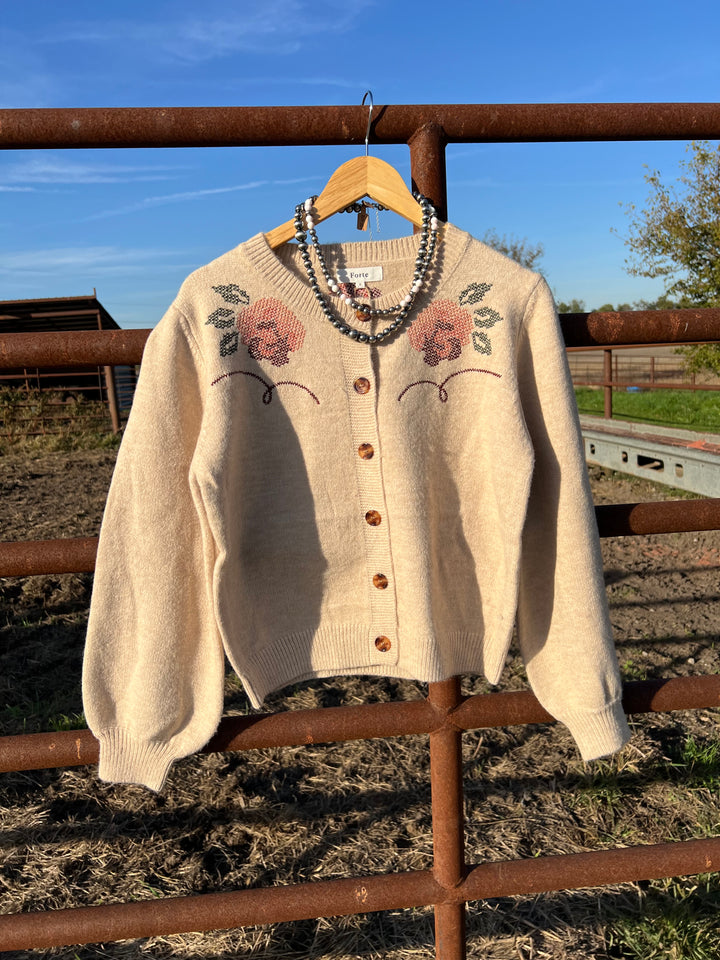 Western Floral Embroidery Cardigan-Tan