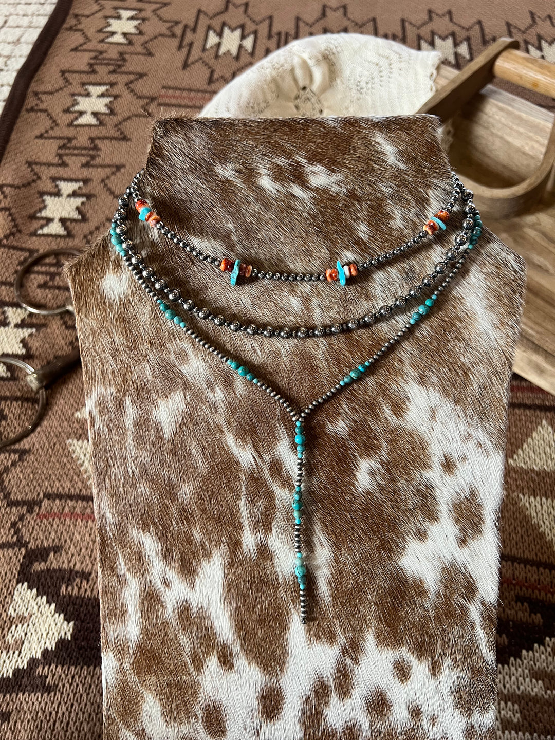 Turquoise & Sterling Silver Pearl Lariat-16”