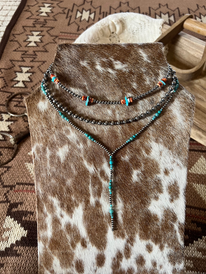 Turquoise & Sterling Silver Pearl Lariat-16”