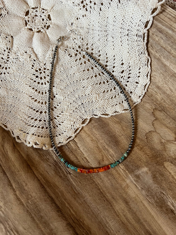 3mm pearls Turquoise & Spiny Necklace-16”