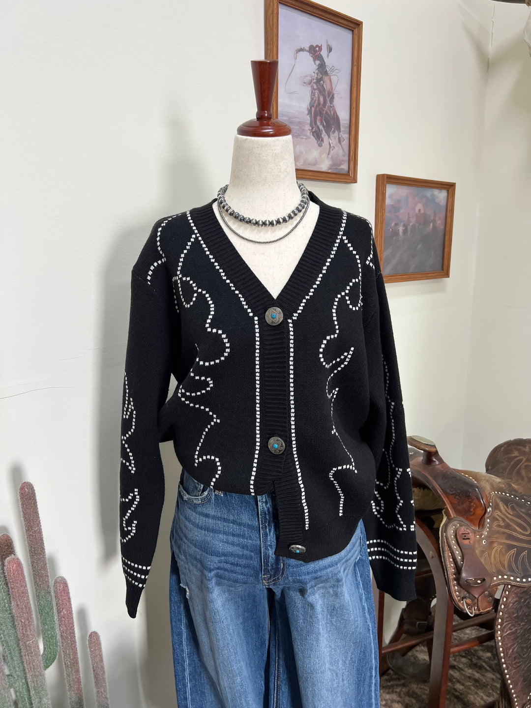 Boot Stitch Saddle Knit Cardigan-Black