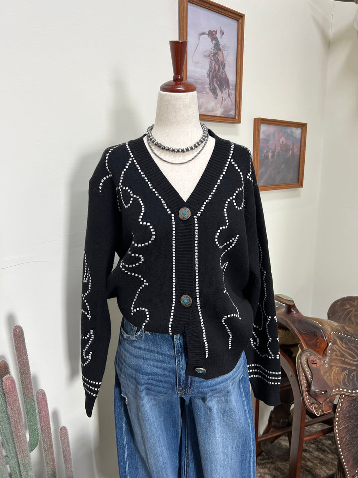 Boot Stitch Saddle Knit Cardigan-Black