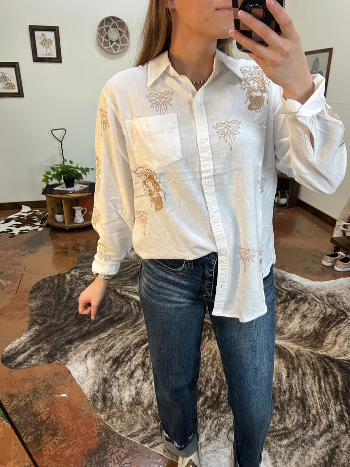 Boot Stitch Cowgirl Embroidered Button-Up{SMALL ONLY LEFT}