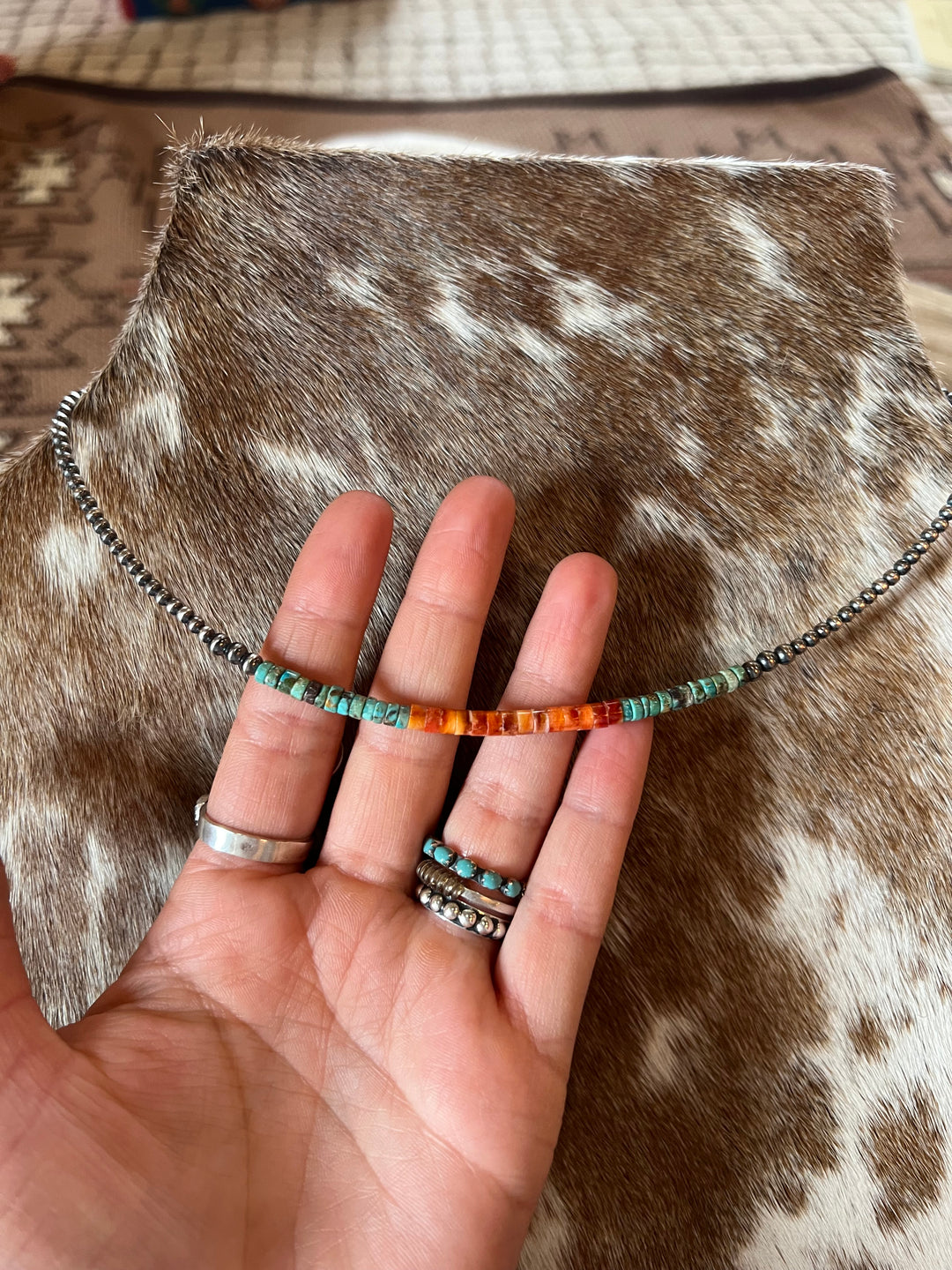 3mm pearls Turquoise & Spiny Necklace-16”