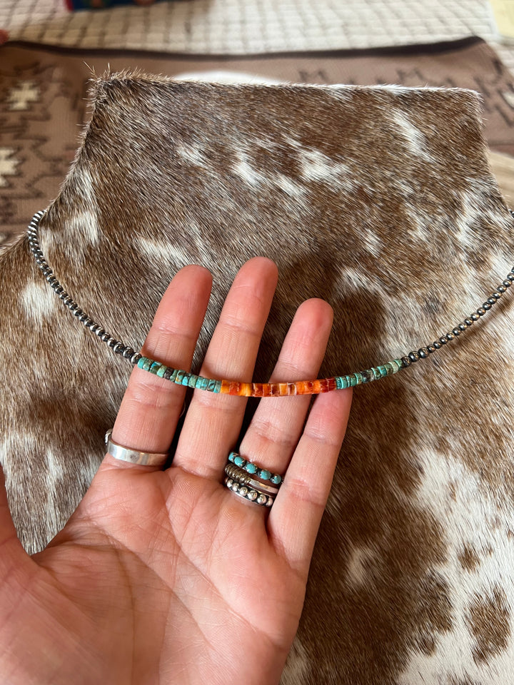 3mm pearls Turquoise & Spiny Necklace-16”