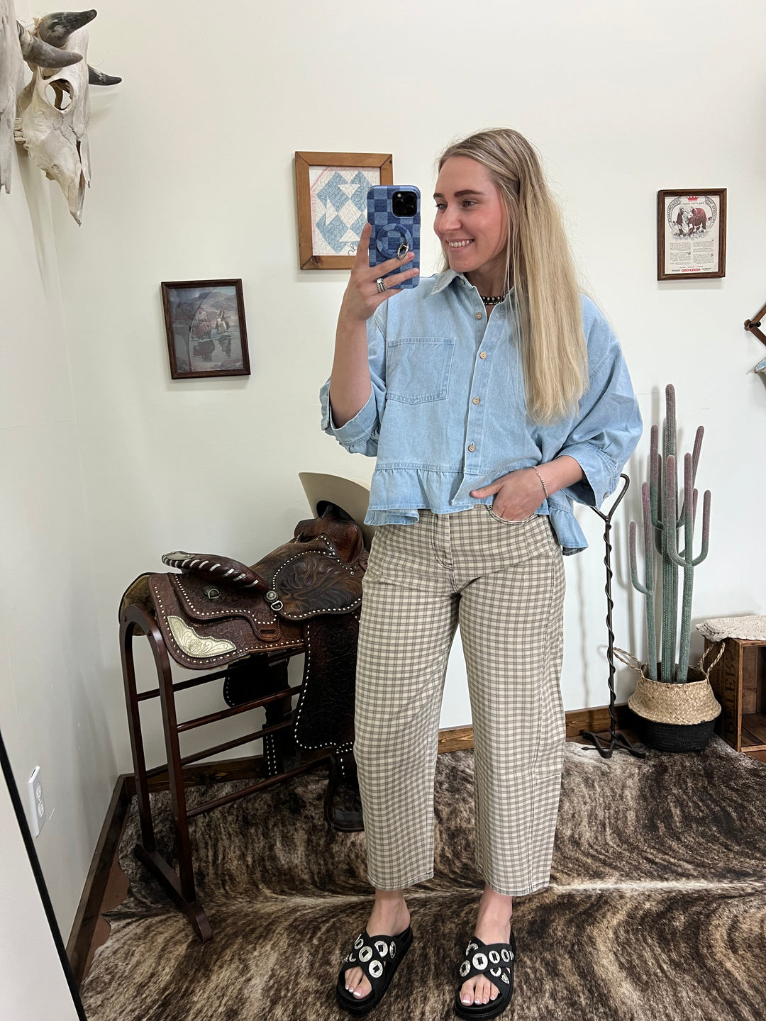 The Waylon Plaid Barrel Jeans-Tan