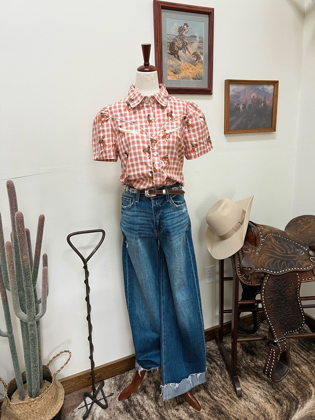 Pink Gingham Cowboy Button-Up