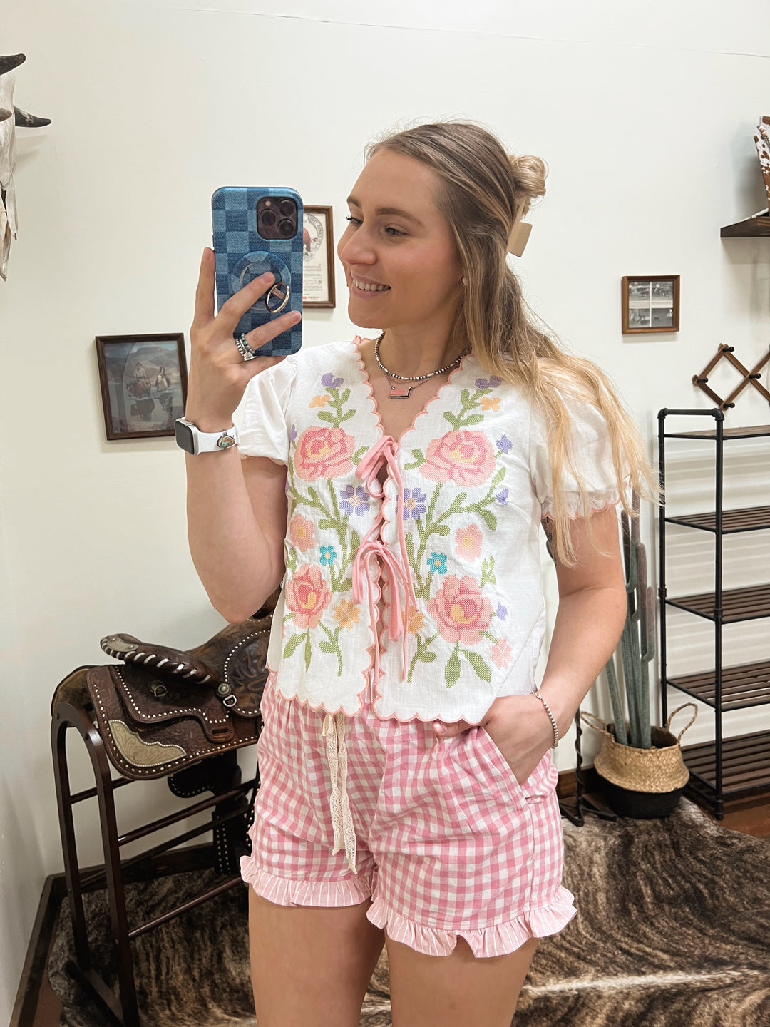 Floral Embroidery Bow Top