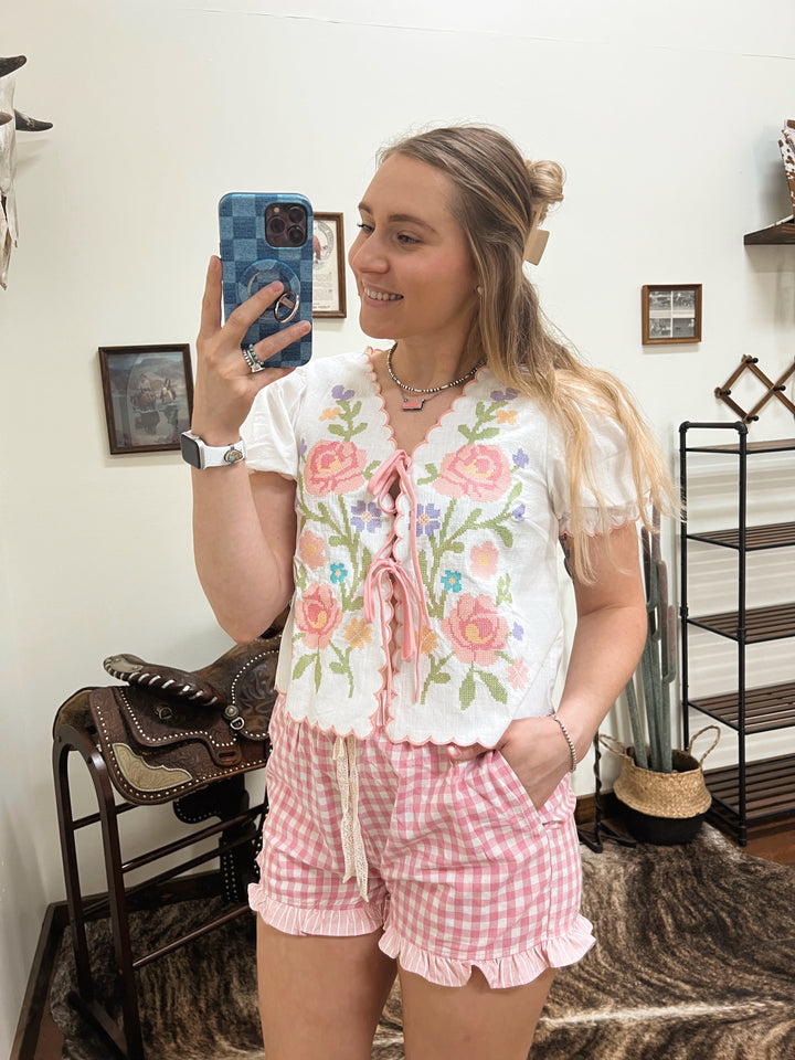 Floral Embroidery Bow Top