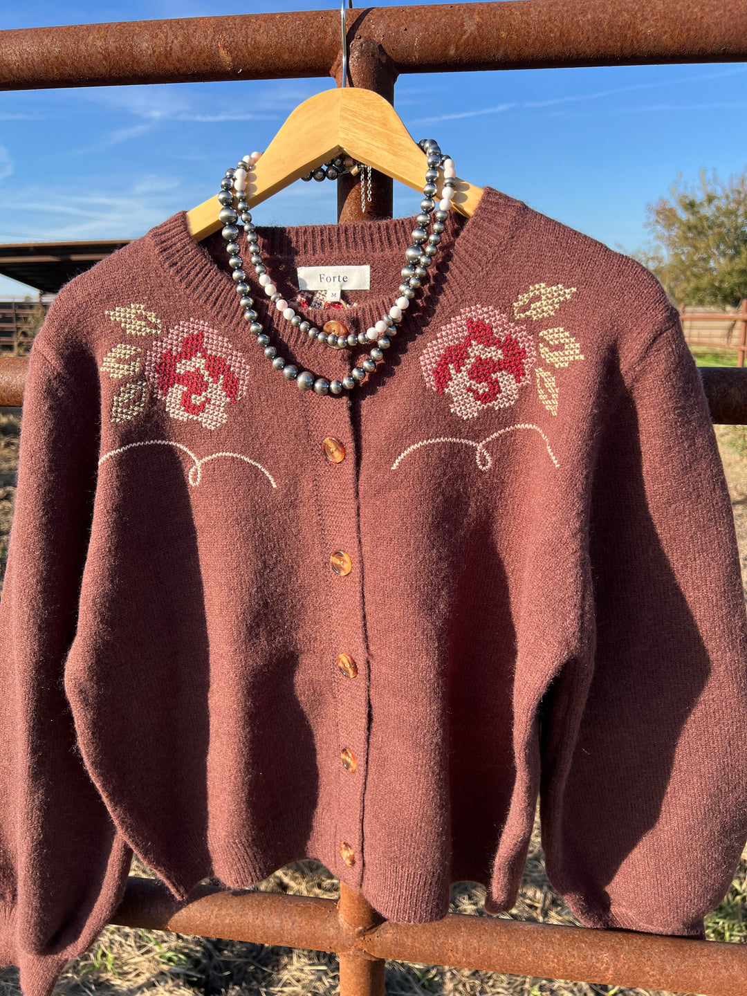 Western Floral Embroidery Cardigan-Brown