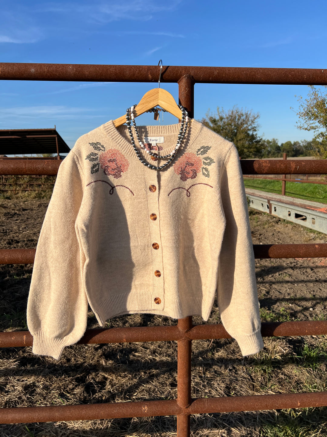 Western Floral Embroidery Cardigan-Tan