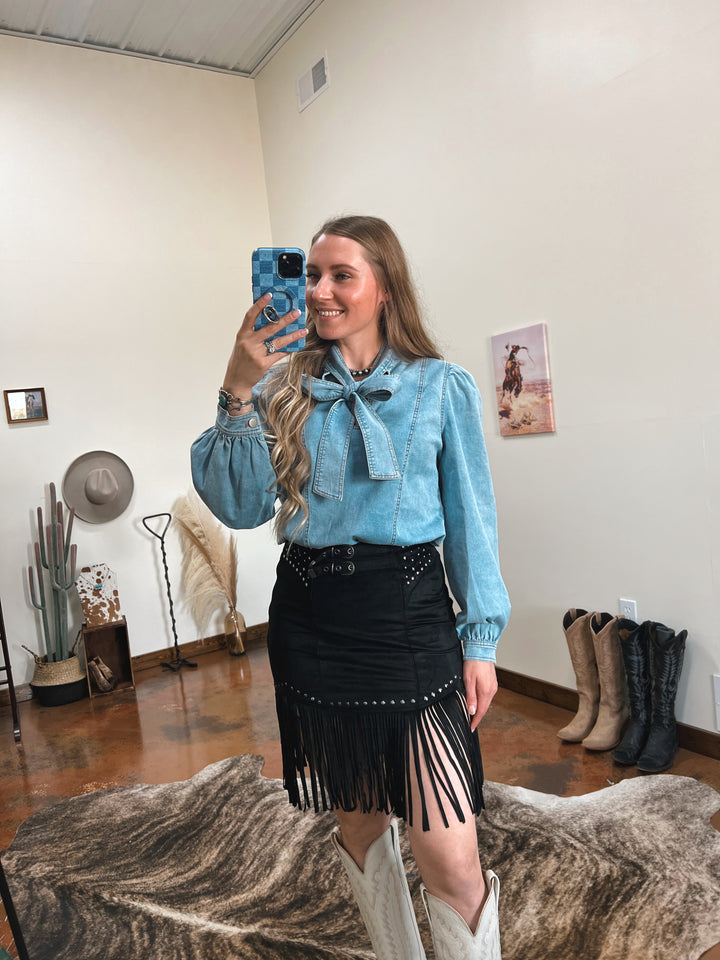 The Studded Fringe Buckle Skirt