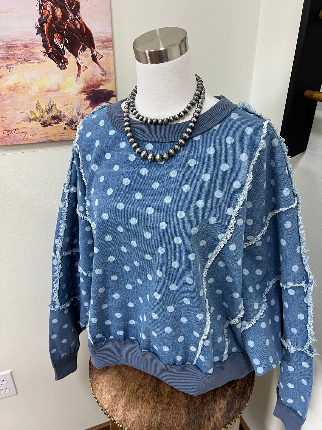 Distressed Polka Dot Denim Pullover