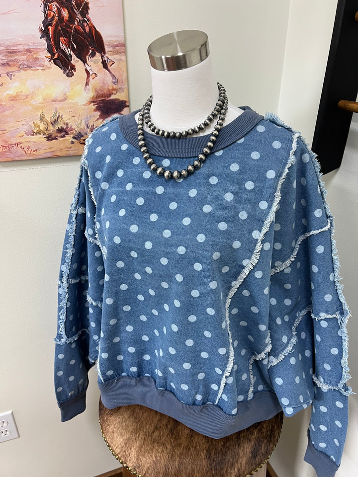Distressed Polka Dot Denim Pullover