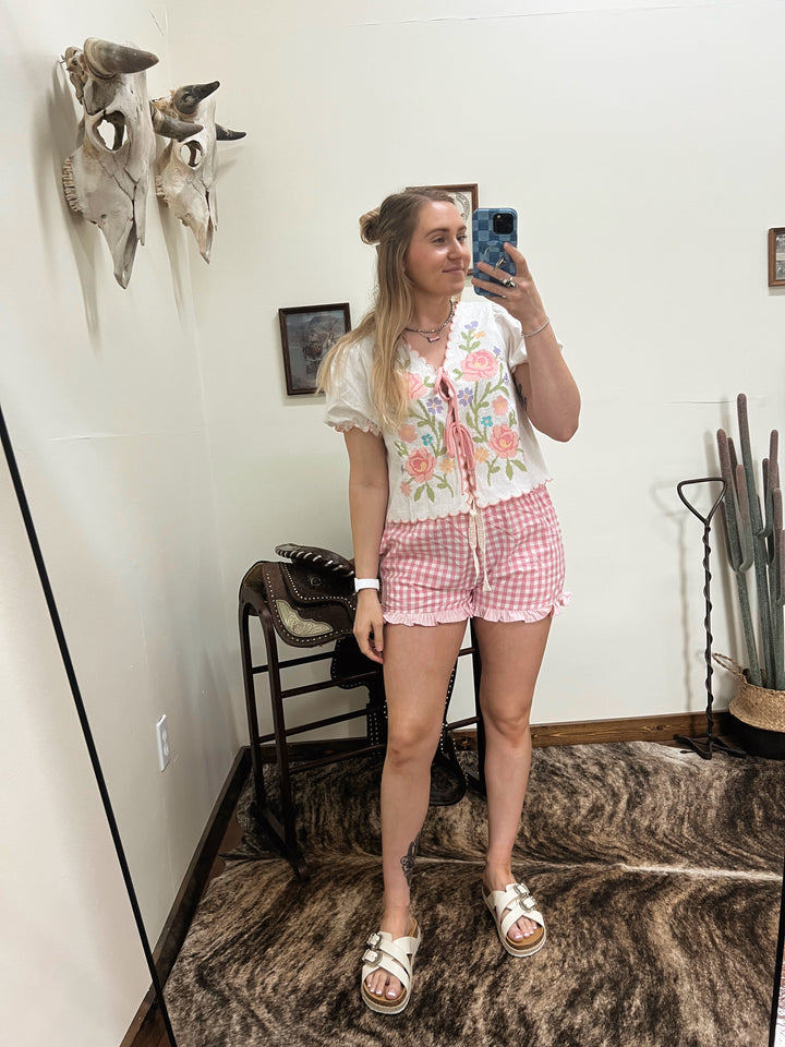 Floral Embroidery Bow Top