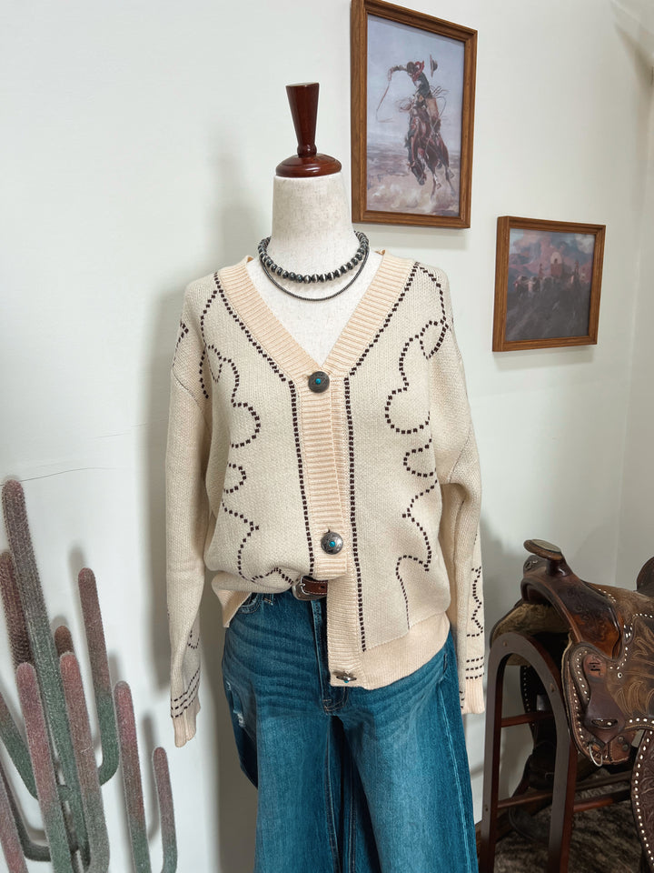 Boot Stitch Saddle Knit Cardigan-Cream