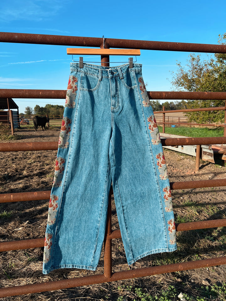 Floral Embroidery Wide Leg Jeans