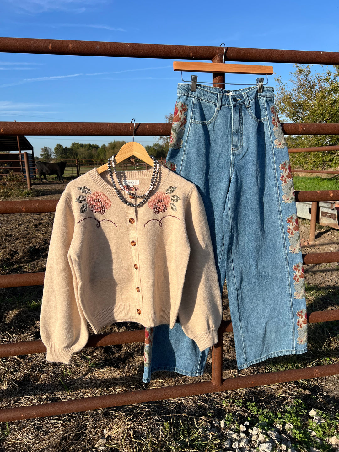 Western Floral Embroidery Cardigan-Tan