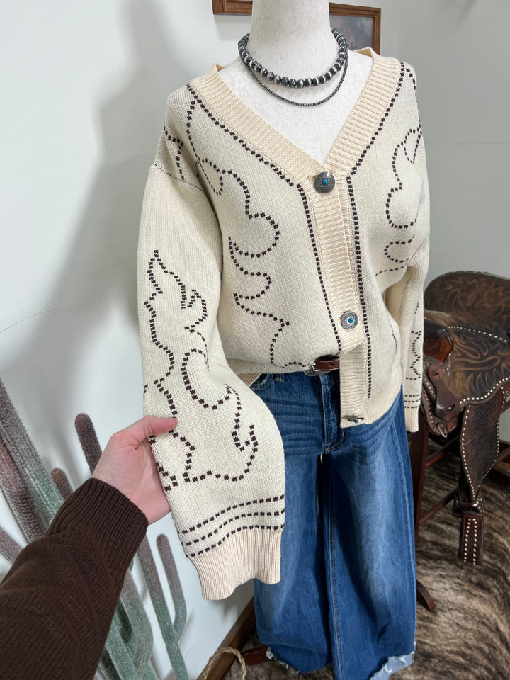 Boot Stitch Saddle Knit Cardigan-Cream