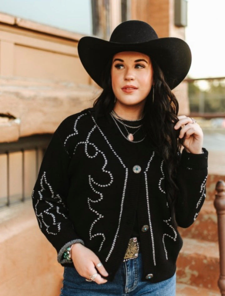 Boot Stitch Saddle Knit Cardigan-Black